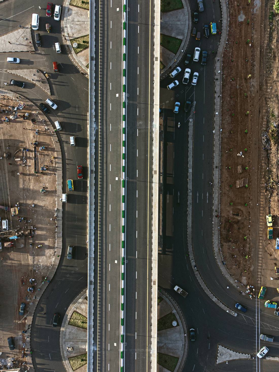 Aerial view of a highway interchange under construction in Africa